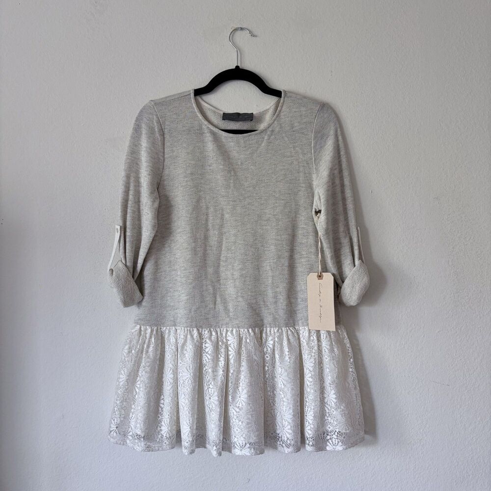 Sunday in Brooklyn Anthropologie NWT Gray Knit Lace Ruffle Hem Peplum Top S